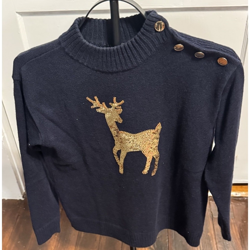 Talbots Reindeer Sweater Gold/Navy Women Sz S Blend Pullover Feminine